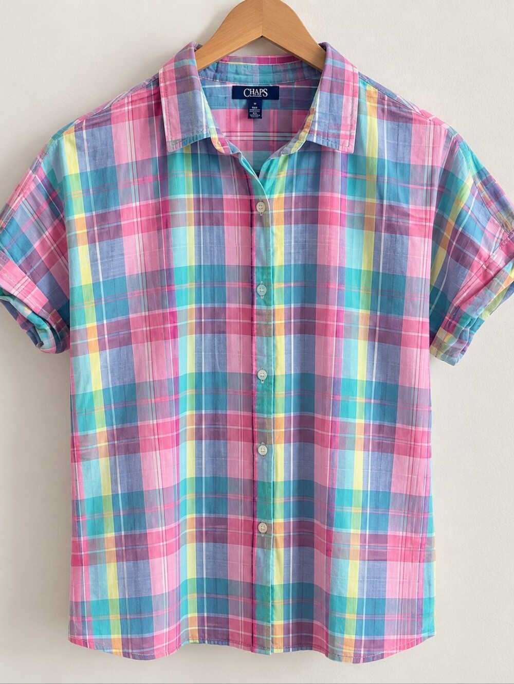 CHAPS Colorful Plaid Short Sleeve Button-Up Shirt – Size M